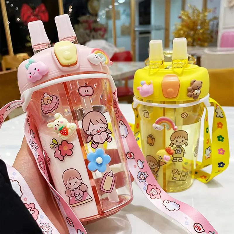 

430ml Cute Children Double Drinking Water Bottle Straw Portable Outdoor Sport Bottle Student Couple Plastic Cup School Kids Gift