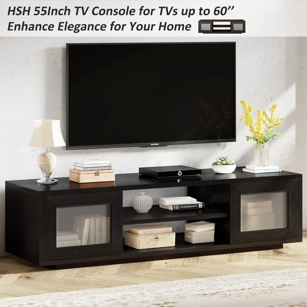 Suporte de TV preto de 55 polegadas, centro de entretenimento para quarto e armário sob TVs com armazenamento, console de TV moderno
