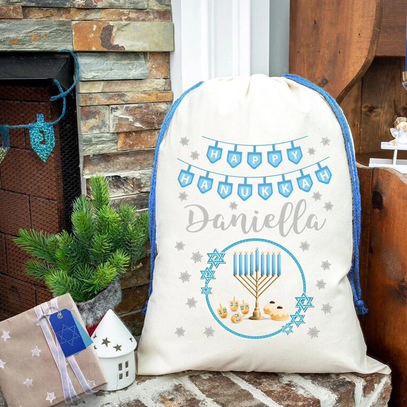 

Personalised Custom Name Happy Hanukkah Drawstring Gift Bag Jewish Holiday Home Table Decoration Supplies Kid Boy Girl Gift Sack