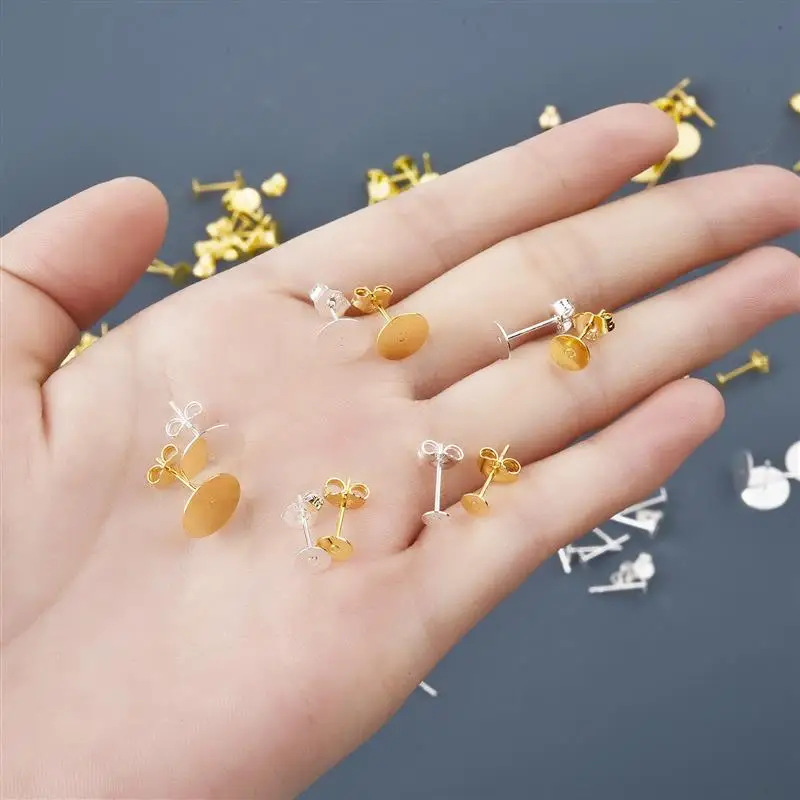 50pcs 925 Silver Plated Blank Post Earring Studs Base Pin With Earring Plug Findings Ear Back DIY Jewelry Making Accessories