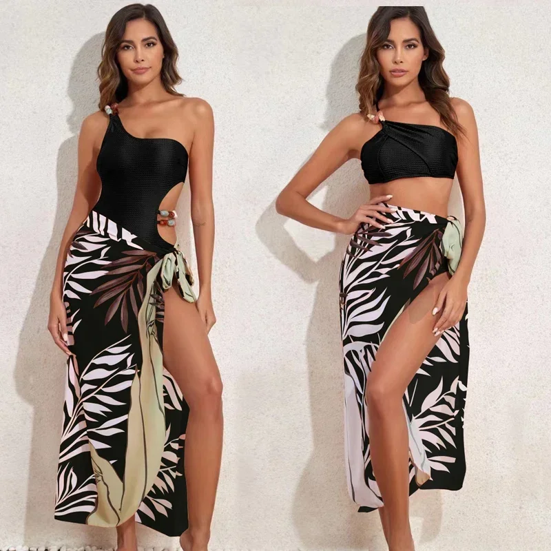 

One Shoulder Cut Out One Piece Swimsuit Women Bather Bathing Suit Swim Multicolor Gemstone Strap Bikini Wrap Yarn Skirt Swimsuit