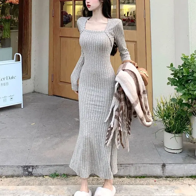 

Women's Clothing Square Collar Dresses Aura Mermaid Autumn Solid Color Elegant Bag Hip Casual Long Sleeve Waist Basic Long Dress