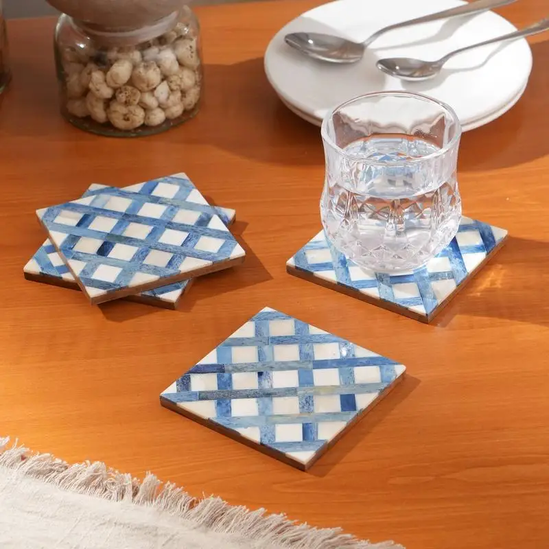 

Bone Inlaid Coaster Set - White and Blue, 4x4 inches, Set of 4 Decorative Drink Coasters for Home or Office Use
