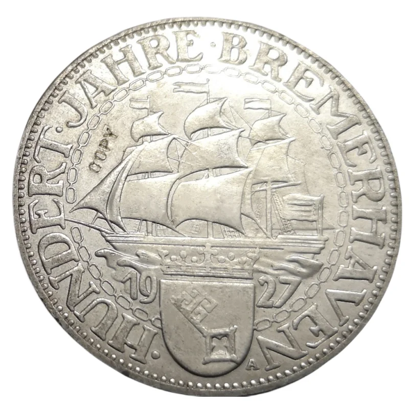 

1927 Germany-1871-1948 5 Reichsmark Bremerhaven Silver Plated Copy Rare coin