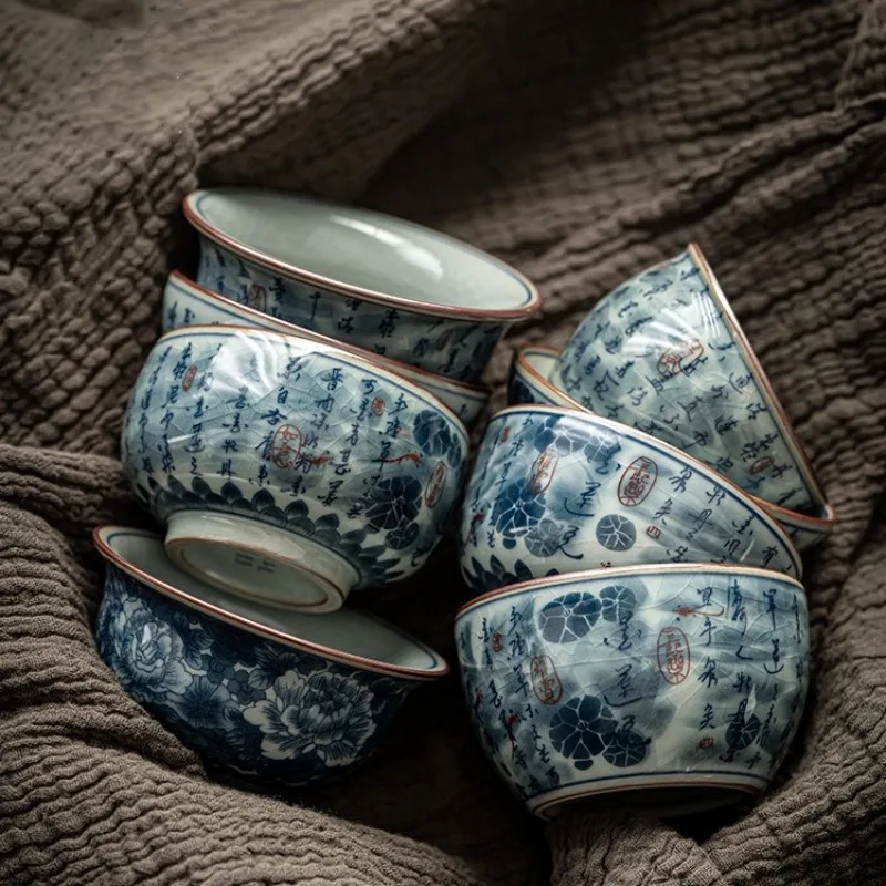 

Antique Style Vintage Chinese Blue and White Teacup - Handmade Ceramic Gaiwan, Large Capacity Tea Ceremony Mug for Personal Use