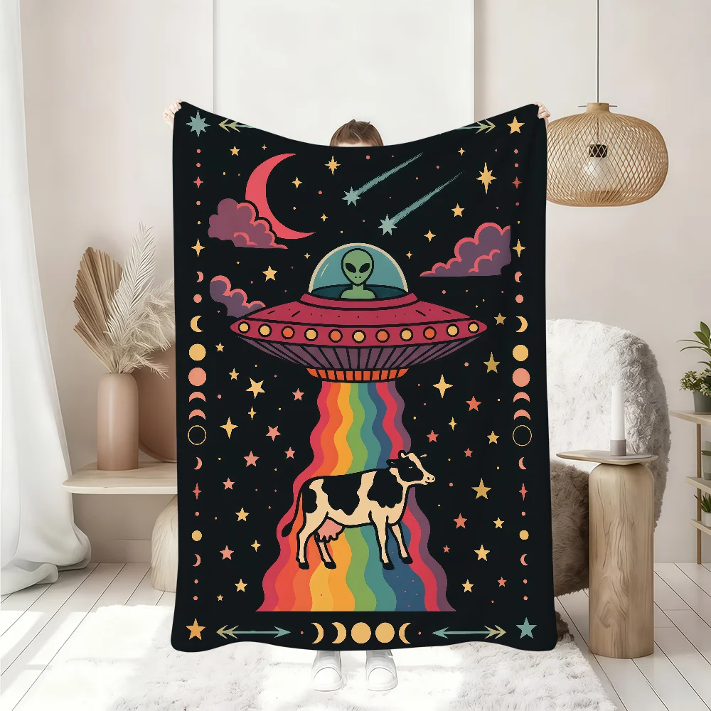 Vintage Occult Aliens UFOs Abduction by Dairy Cows Blanket Soft Throw Blanket for Home Bedroom Bed Sofa Picnic Office Blanket Gi