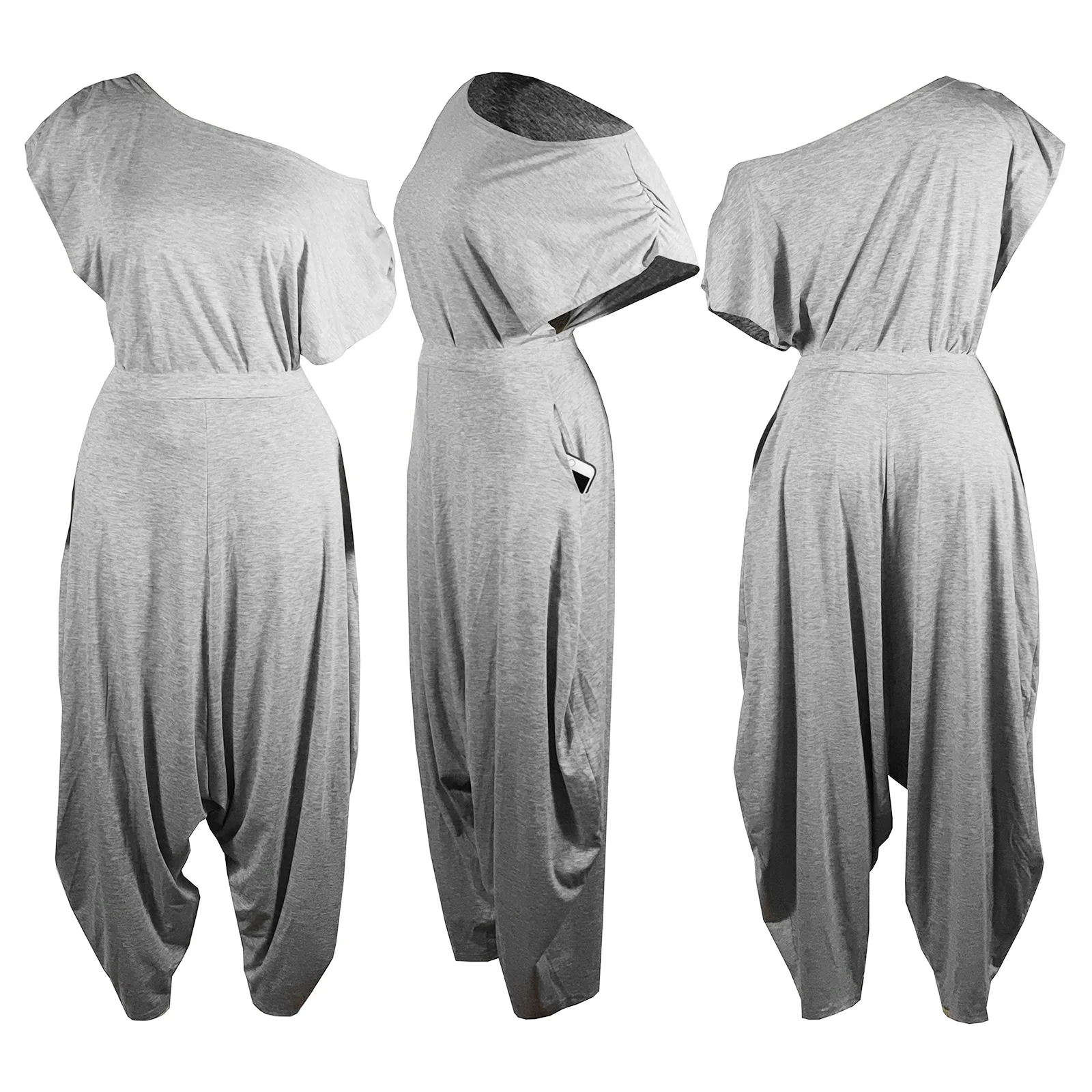 Set da due pezzi da donna con spalle scoperte, collo obliquo, manica corta, top asimmetrico e pantaloni Hamer, set coordinato, abiti casual larghi