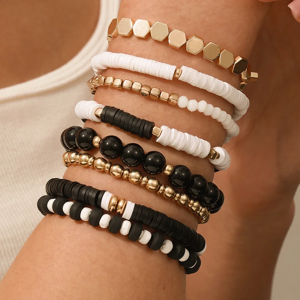 

Simple Classic Black and White Niche Design Polymer Clay Couple Bracelet String A Number of Overlapping Belt Jewelry