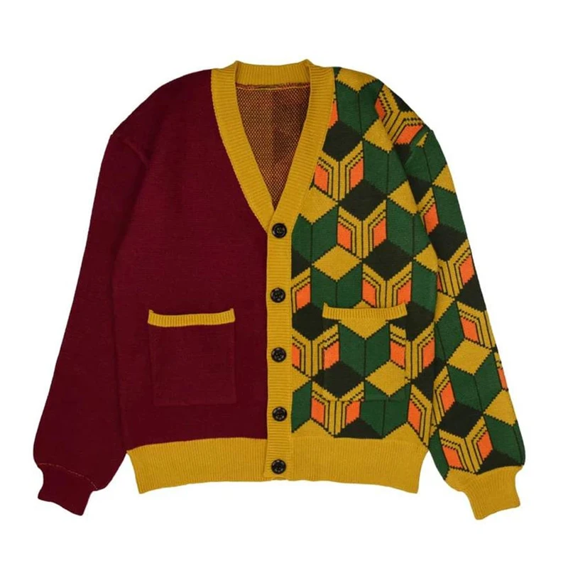 Kostium Cosplay Kamado Nezuko Unisex Sweter Dzianinowy Ciepły Kardigan Sweter z Dekoltem w Serek Kurtka Kostium na Halloween Nowy Rok Sweter Y2k