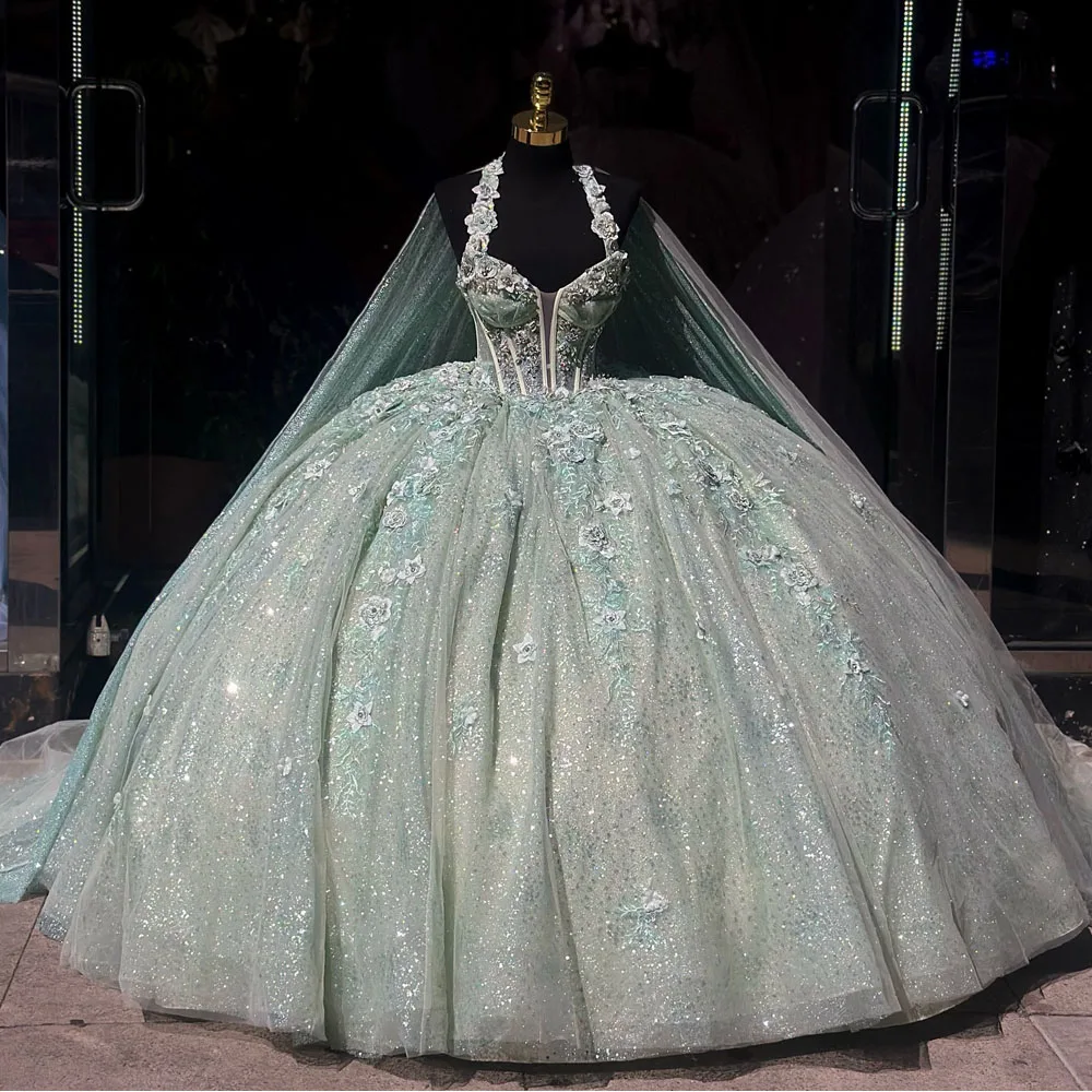 

Роскошные блестящие мятно-зеленые платья Quinceanera, бальное платье принцессы для дня рождения, выпускного вечера, Vestidos De 15, корсет Anos