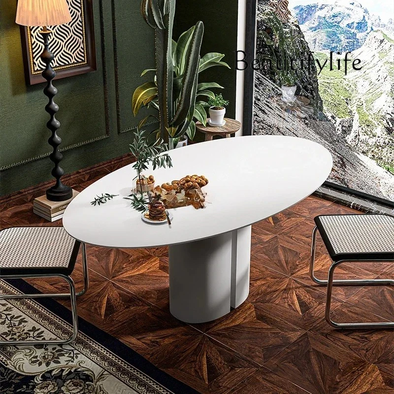 

Light luxury rock slab marble dining table French compound ancient oval solid wood