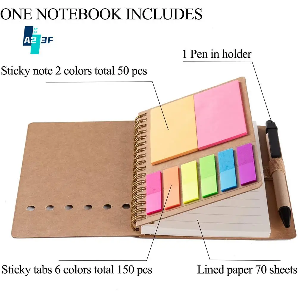 

A23F-3 Packs Spiral Notebook Steno Pads Lined Notepad With Pen In Holder, Sticky Notes, Page Marker Colored Index Tabs Flags