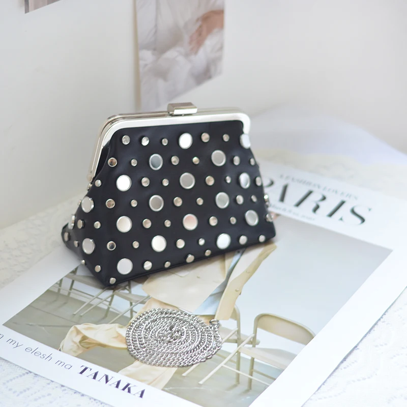 Hot Selling Luxury Trendy Black PU Shoulder Crossbody Bag Irregular Stud Chain Small Bling Hand Bags for Women