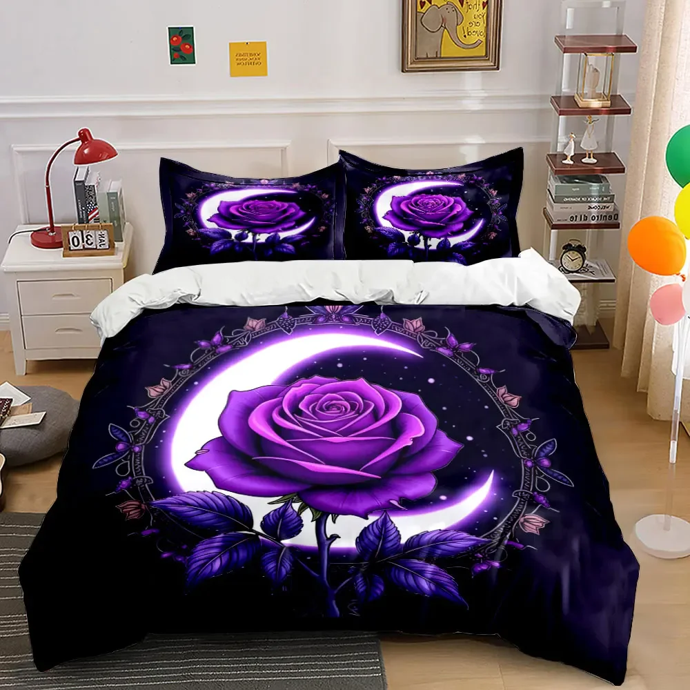 

"Purple Rose Moon Decor Set" Soft Comfortable Duvet Cover Bedding Set Included 1*Duvet Cover & 2*Pillowcases, gift