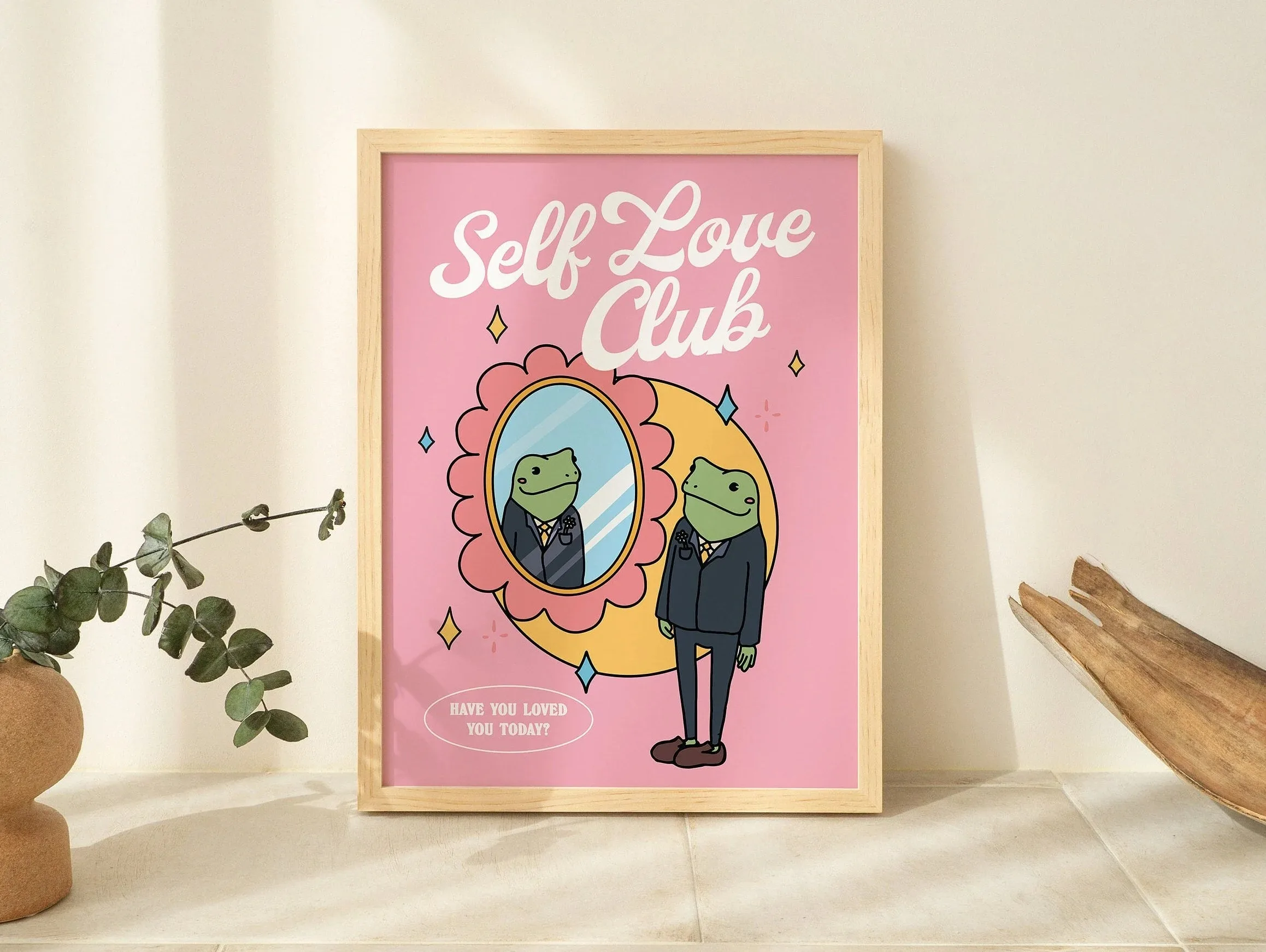 Girl Frog Self Love Canvas Poster Frog Mushroom Positive Quotes Wall Art Prints for Modern Living Room Bathroom Home Decor less