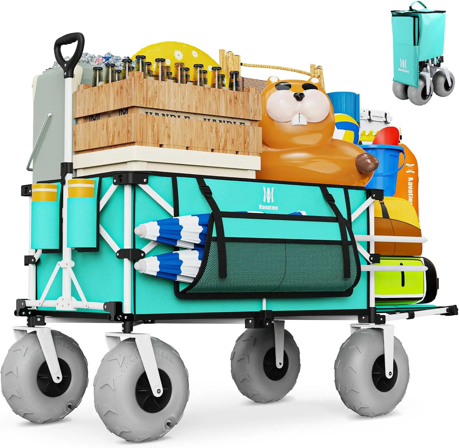 

440LBS Beach Wagon with Extended Tailgate, 9" Balloon Wheels for Sand, Heavy Duty Collapsible Cart, Light Blue
