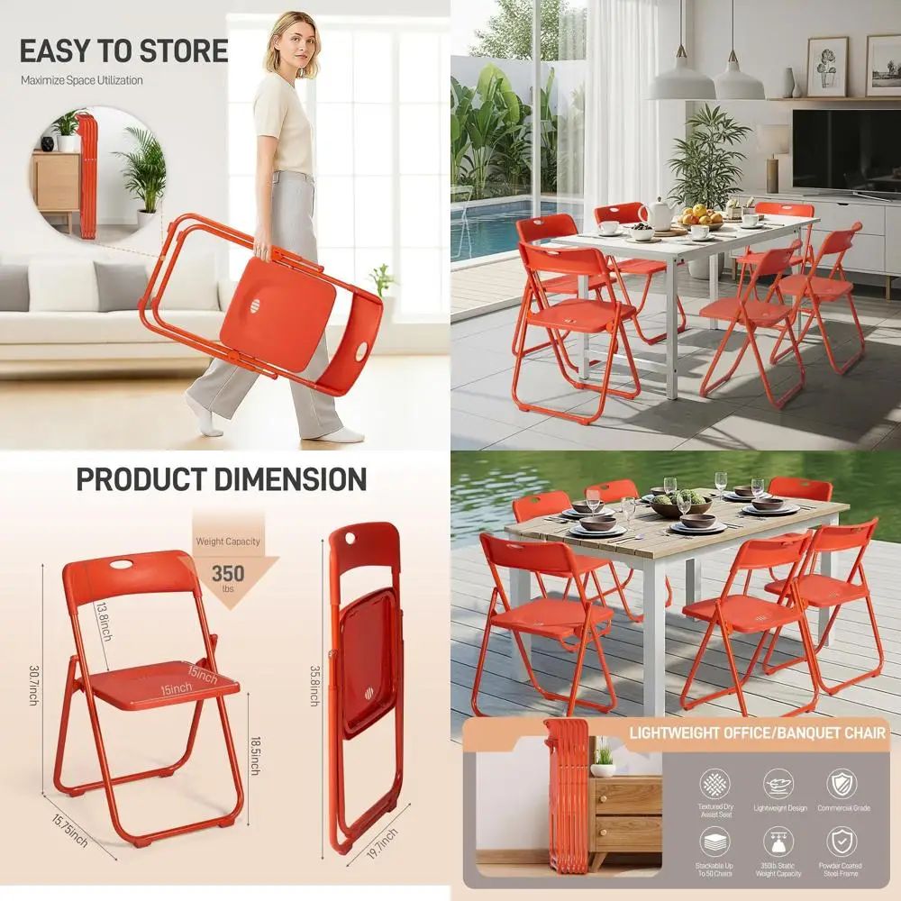 

Оранжевые легкие складные стулья - 6 штук в комплекте, выдерживают нагрузку до 300 фунтов, прочный пластик с металлическим усилением, идеально подходят для использования в помещении и на улице.
