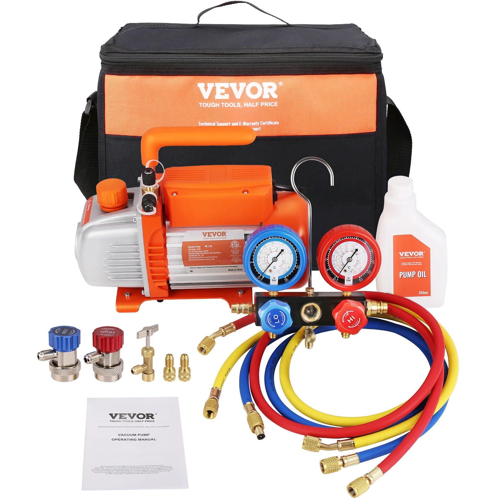 VEVOR 1/4 HP 4 CFM AC Vacuum Pump and Gauge Set, Single Stage Rotary Vane HVAC Air Vacuum Pump A/C Refrigerant Kit Gauge Set