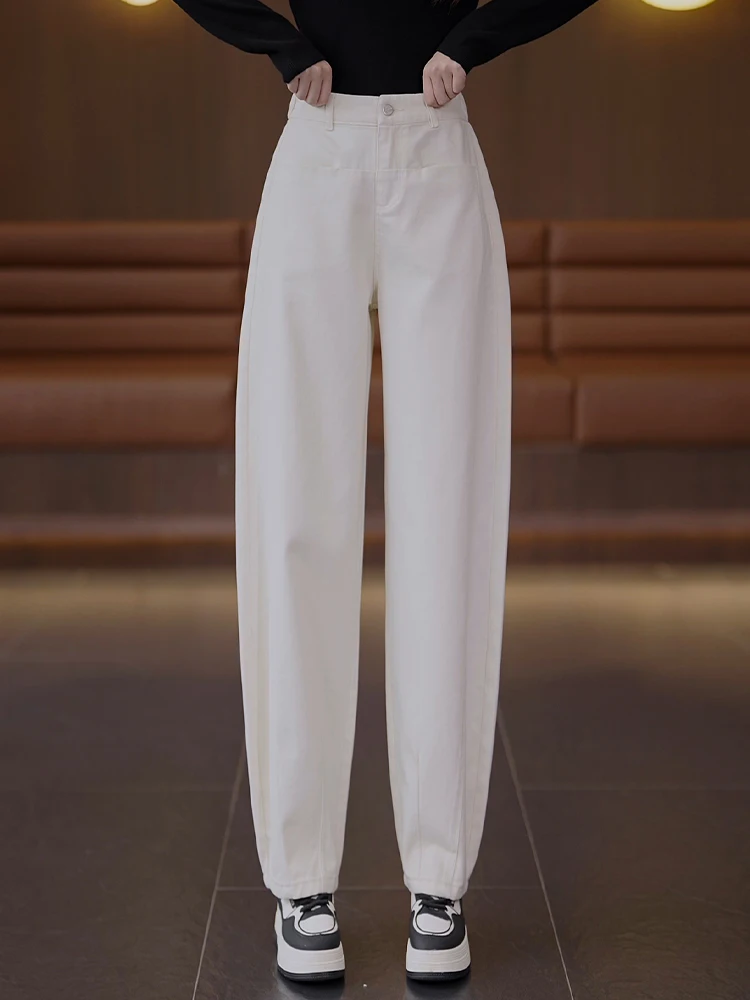

High Waist Loose Fit Fleece Lined Denim Banana Pants Women's Autumn Winter Casual Straight Leg Pants Korean Style Commute