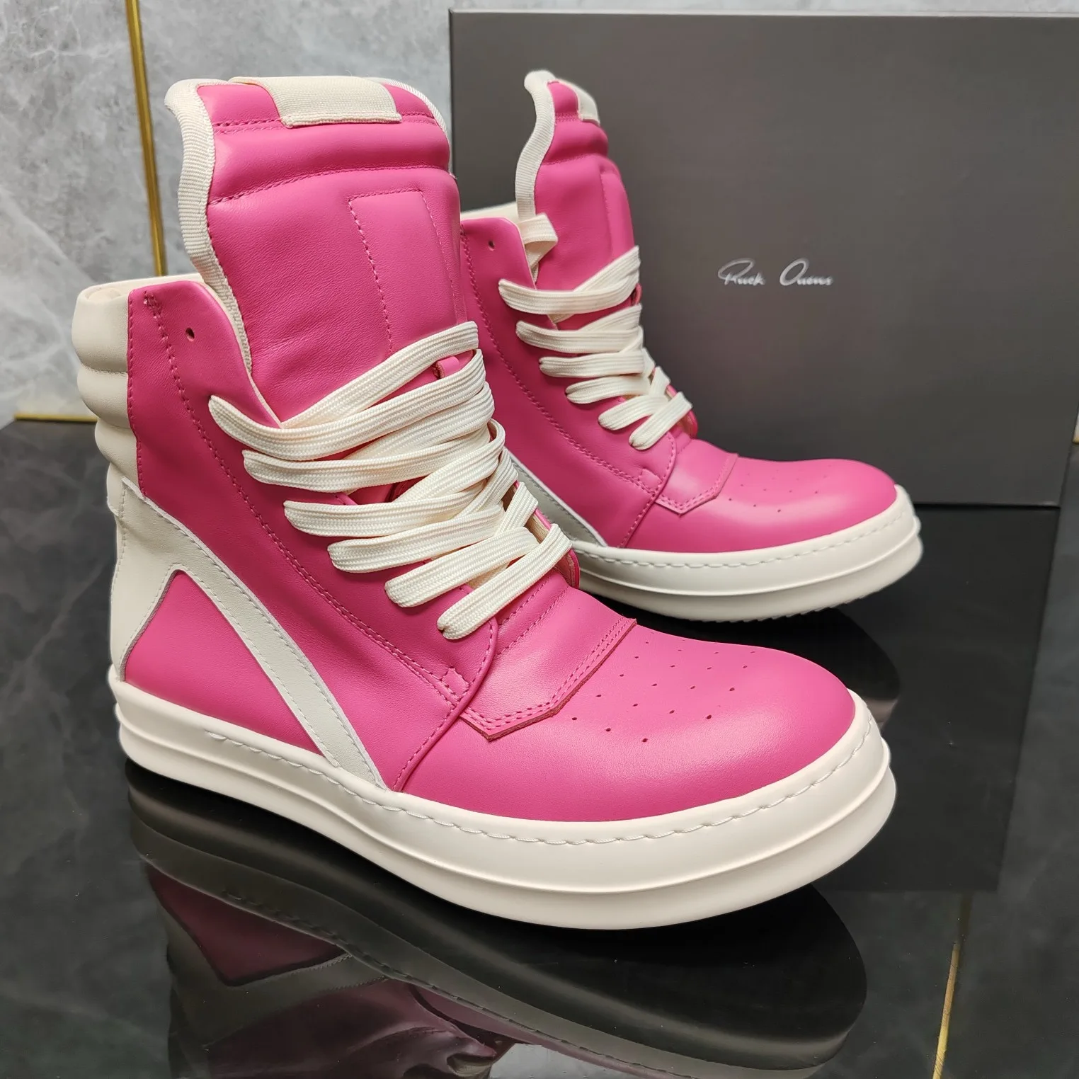 Round Owens inverted triangle pink high-top boots personality Harajuku style couple shoes high street hipster leather