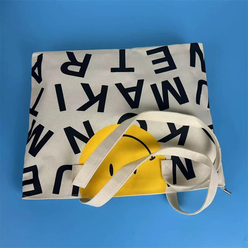 Borsa Tote con stampa facciale di lettere e Smily, borsa a tracolla in tela di grande capacità, borse con cerniera alla moda per la scuola dello