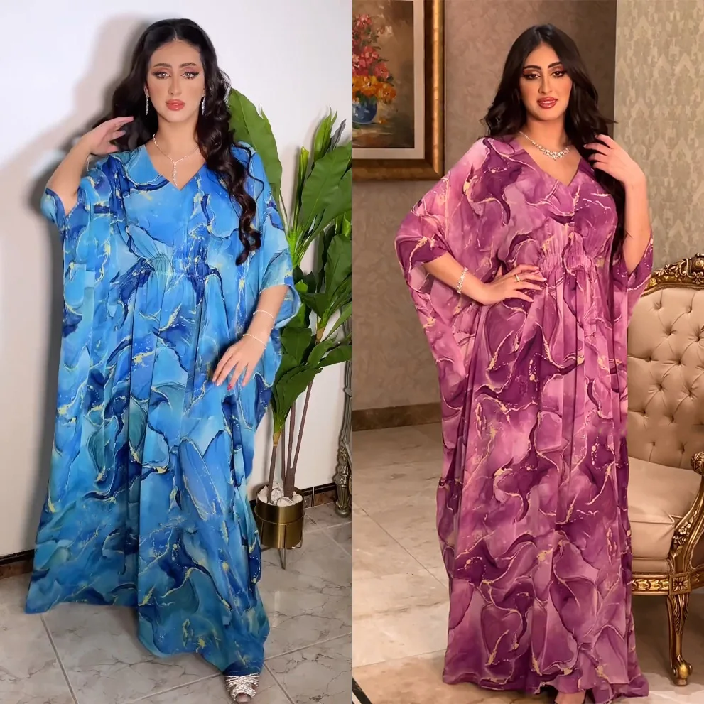 Ramadan Islamic Muslim Arab Luxury Fashion Chiffon Printed Large Bat Sleeve Beach Vacation Dress Light Mature Wind Robe