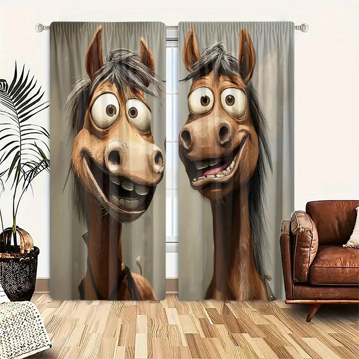 Hilarious Cartoon Horse Curtain 2 Panels, Grinning Big Eye Pony Allover Light Gray Print, Curtains for Nursery Cartoon Curtain