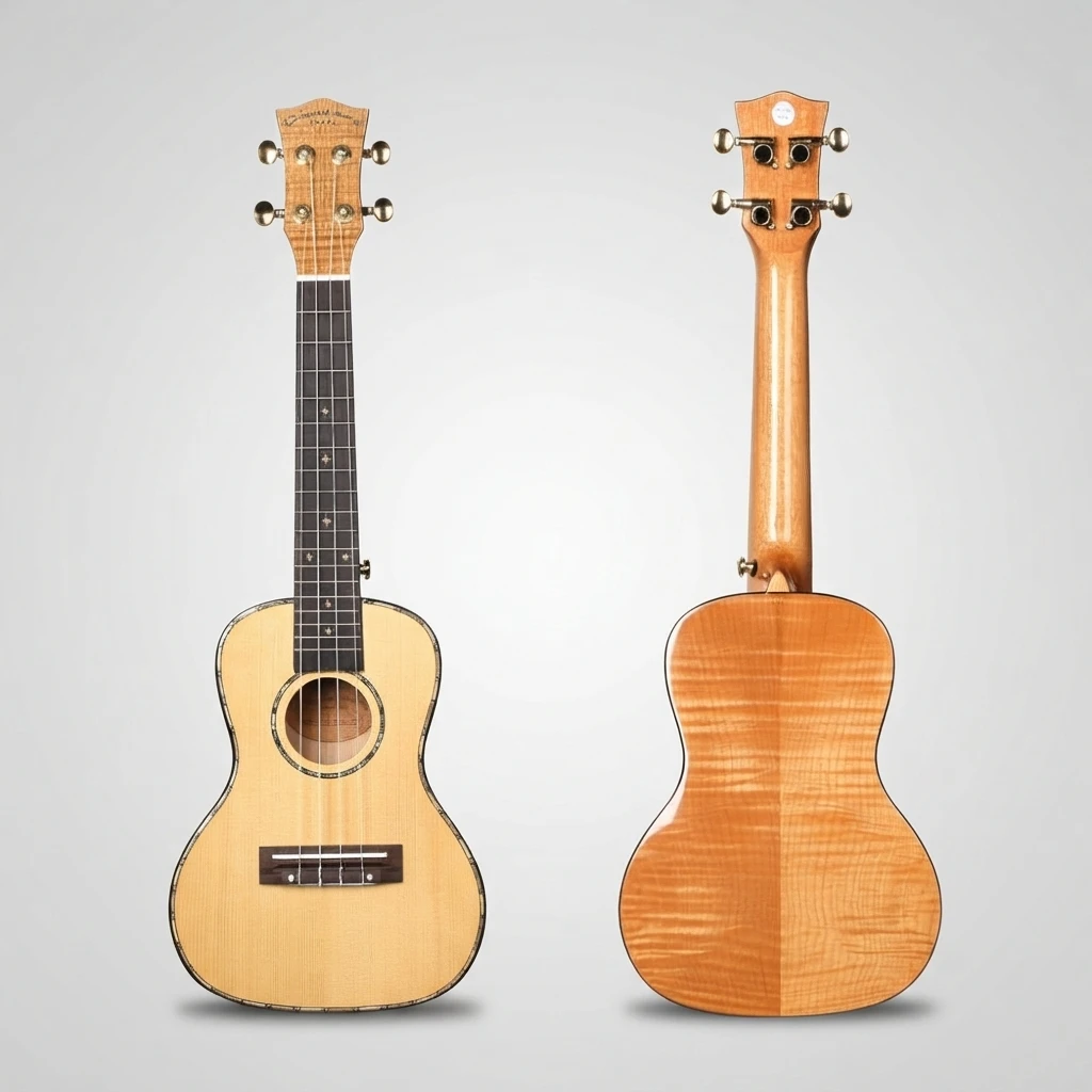 Flamed Grain Ukulele 4 Strings, Natural Light Gloss Top, Gold Closed Tuners, Decorative Rosette, Soprano Size for Beginners