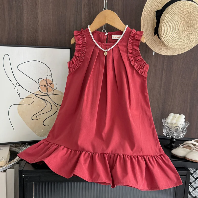 Summer Sleeveless Ruched Princess Dress Simple Elegant Patchwork Ruffle Edge Girls' Fashion