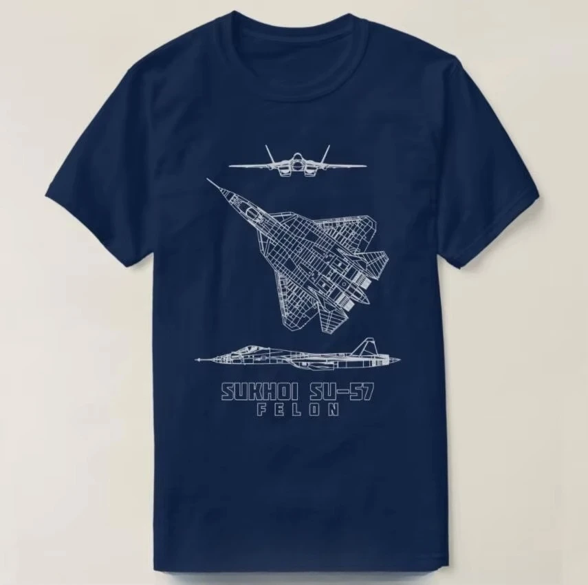 2026 Sukhoi Su57 Russian Stealth Fighter Plane Blueprin Cotton Tshirt Casual Unisex Tops Tees Men's Cloth