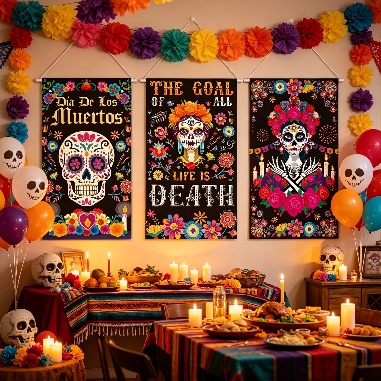 3 Piezas Decoraciones de Pared Día de Muertos, Pancartas Colgantes Mexicanas para Fiesta de Altar, Letrero para Porche, Halloween, Azúcar de Calavera
