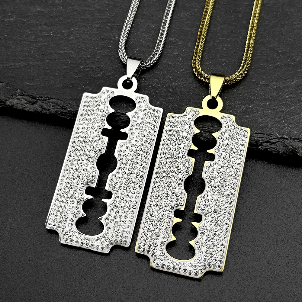 

Trendy Rhinestone Razor Blade Pendant Necklace For Women Men Stainless Steel Gold Color Hiphop Punk Male Fashion Chain Jewelry