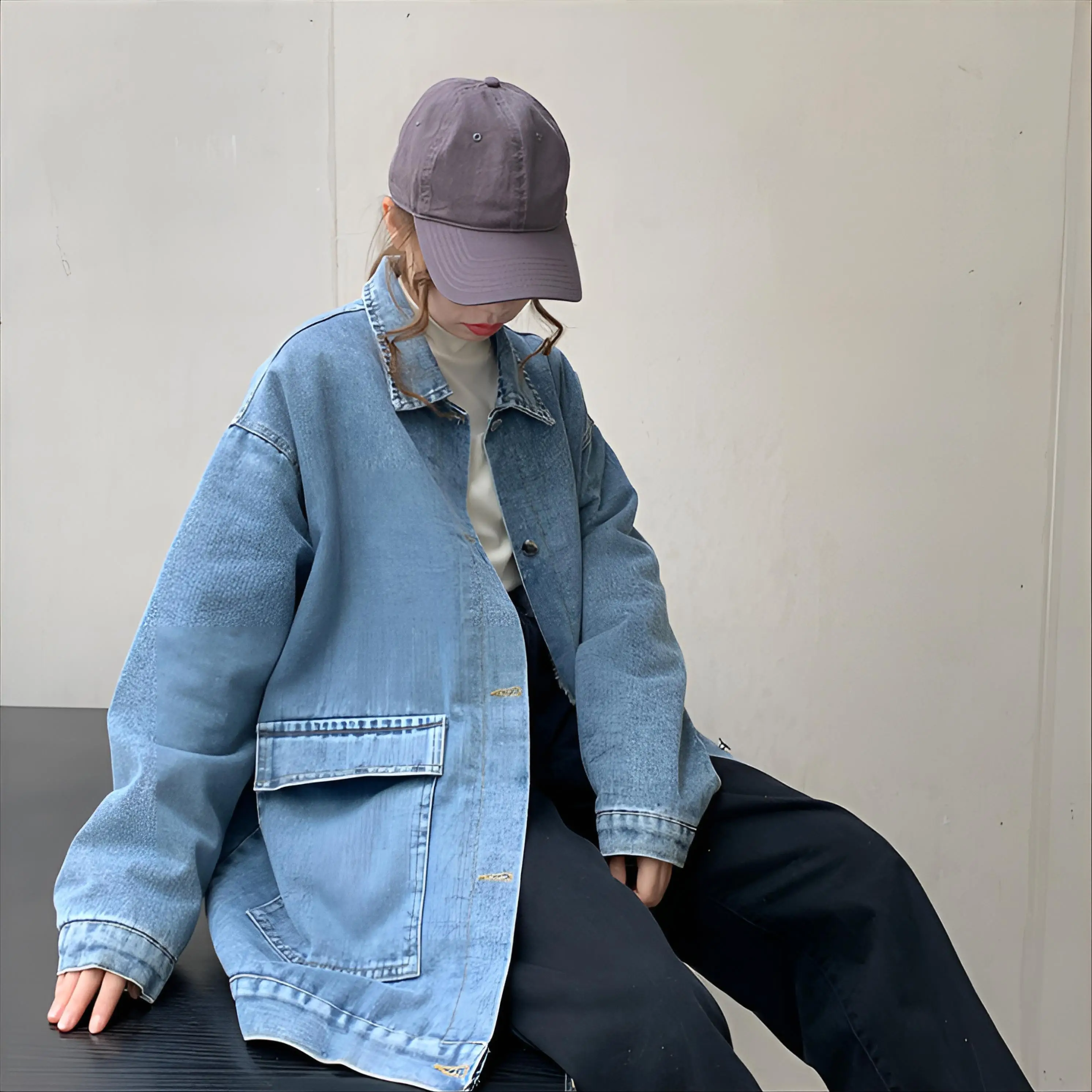 

Denim Coat For Women Dark Fur Plush Womens Winter Fleece-Lined Standneck Urban Social Gathering Outwears Jackets Distressed 2025