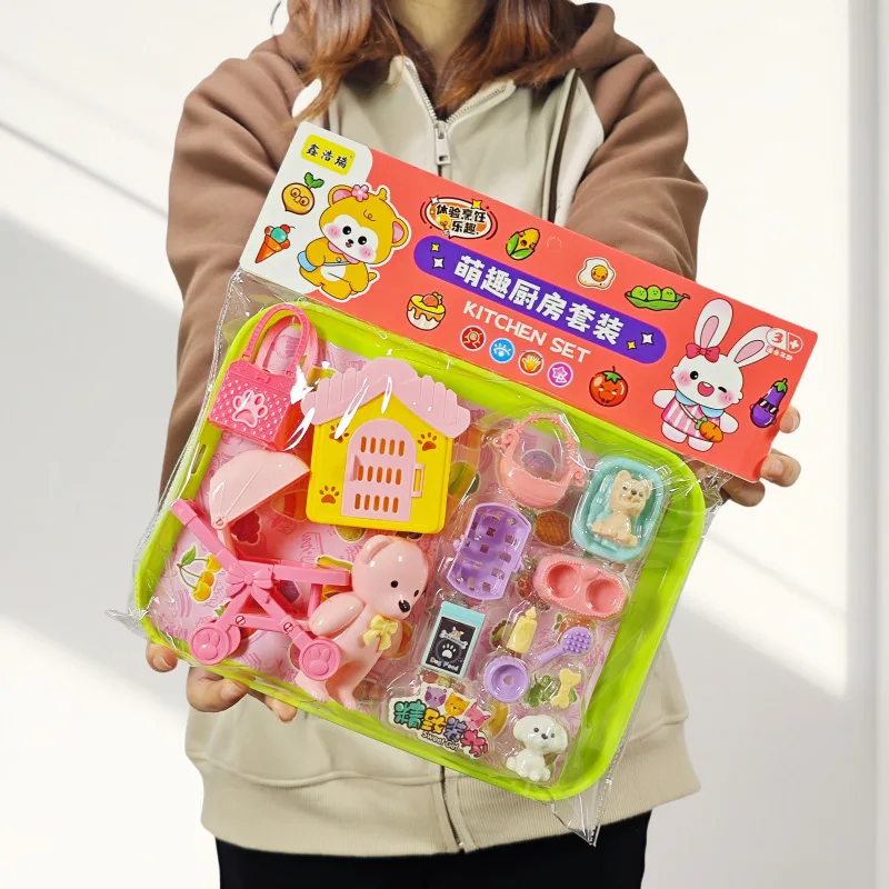 

Cute Tray Pet Paradise Set Toys Fun Children Play House Toy Cartoon Pet Puppy Bear Trolley DollHouse Accessories Girl Gift