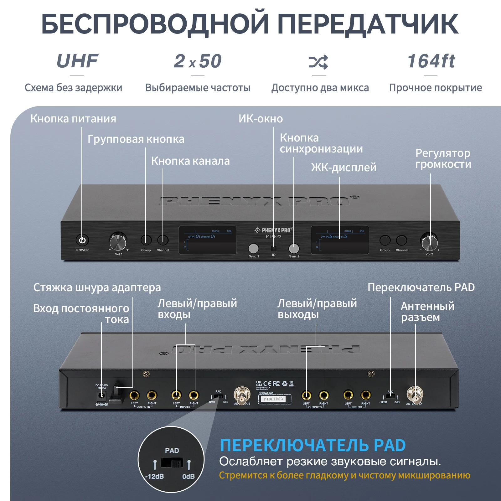 Phenyx Pro PTM-22 UHF Mono Dual In Ear Monitor Wireless System with Rackmount Kit Left/Right Outputs 2X50 Frequencies500/900MHz