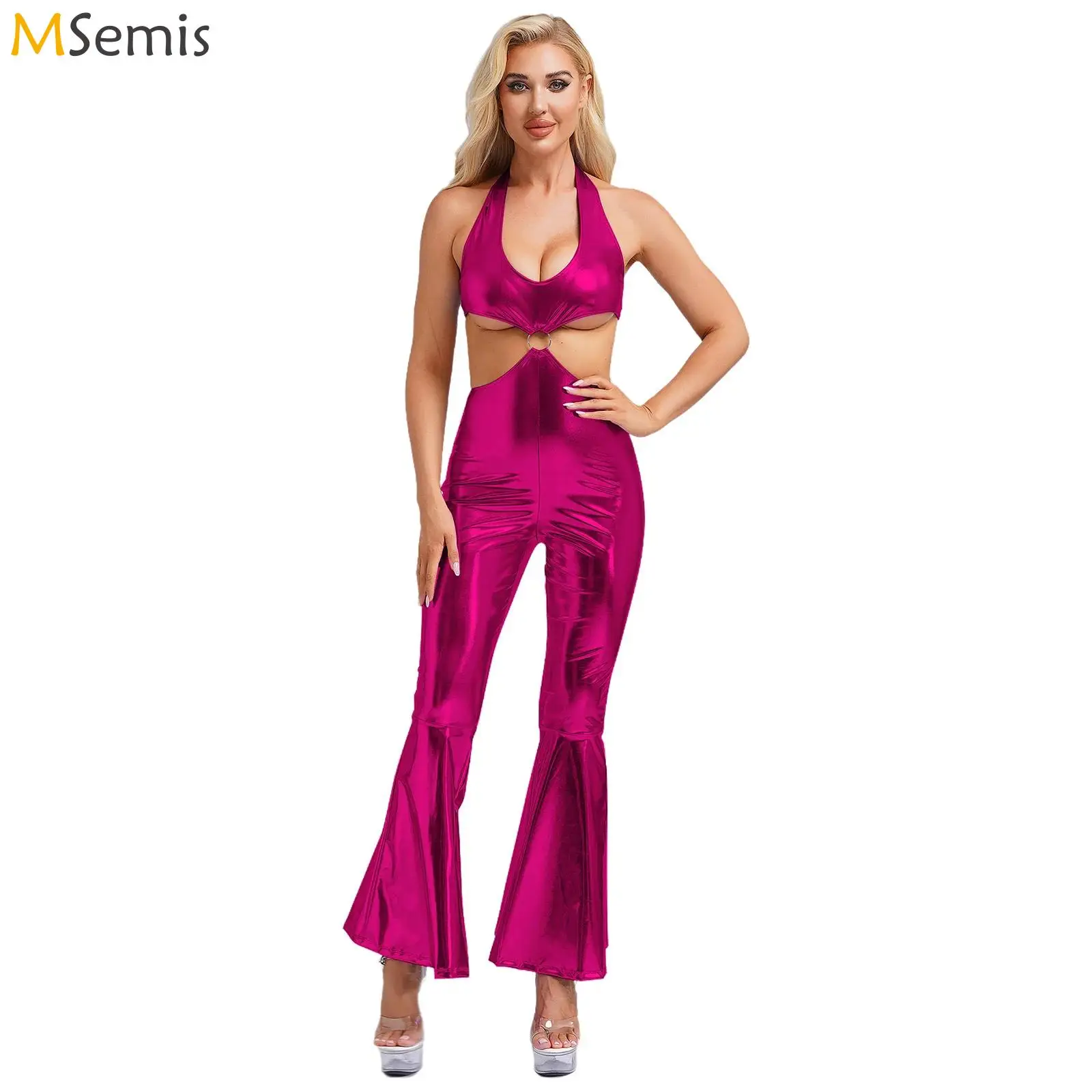 Damen-Overall, glänzend, metallisch, holografischer Body, Neckholder, ärmellos, rückenfrei, Ausschnitt, ausgestellte Hose für 70er-Jahre-Disco-Vintage-Kostüm