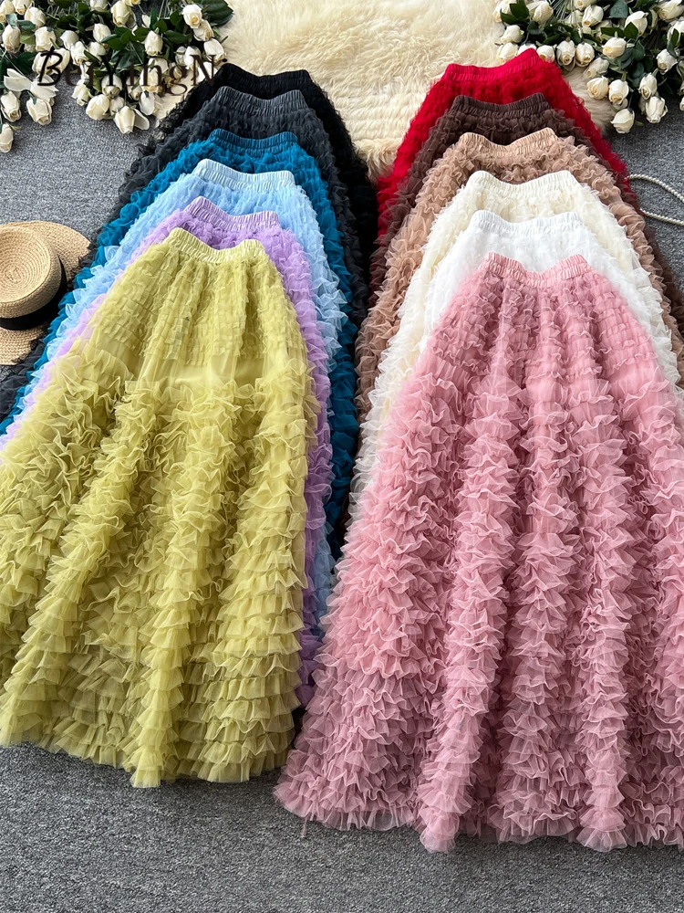 Beiyingni Elegant Luxury High Waist Skirts Women Korean Sweet Princess Fairy Party Maxi Tutu Skirt Ladies OL Casual A-line Skirt