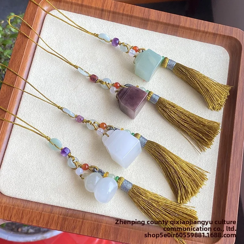 Chinese Style Handmade Natural Golden Silk Jade Seal Pendant Lucky Blessing Tassel Bag Car Phone Hanging Ornament Auspicious Gif