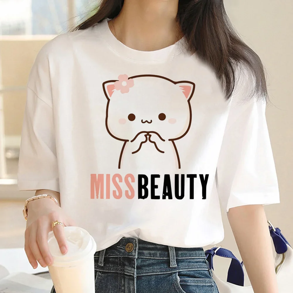 Peach and Goma Mochi Cat Love Print Tee Women Summer Funny Manga T-shirts Female Y2k Japanese Clothing tops