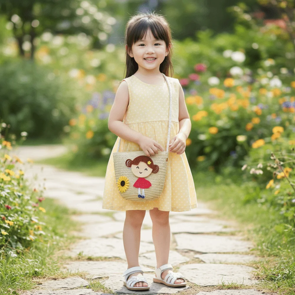 Fashion Handmade Woven Straw Shoulder Bags Cute Lightweight Coin Purse Flower Beach Bag for Children