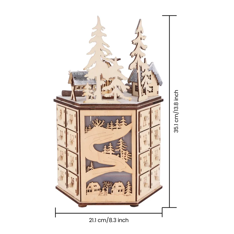 ABLU-LED Revolving Music Box Advent Calendar Decorated With LED Lights Wooden Carved 24 Day Countdown To Christmas Calendar