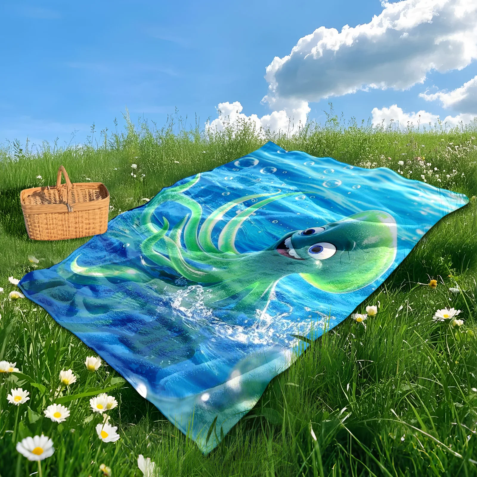 Playful Squid Blanket With Green Design For Ocean Themed Outdoor Adventures And Fun Camping By The Seaside Waves