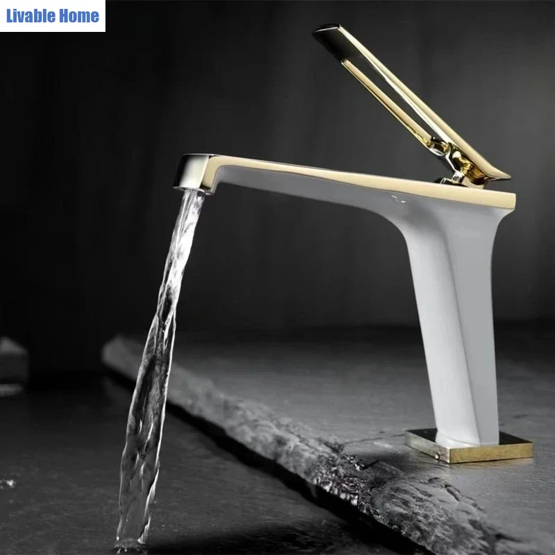 Luxury Solid Brass Basin Faucet Bathroom Sink Faucet Hot & Cold Water Supply Waterfall-Style Basin Faucet