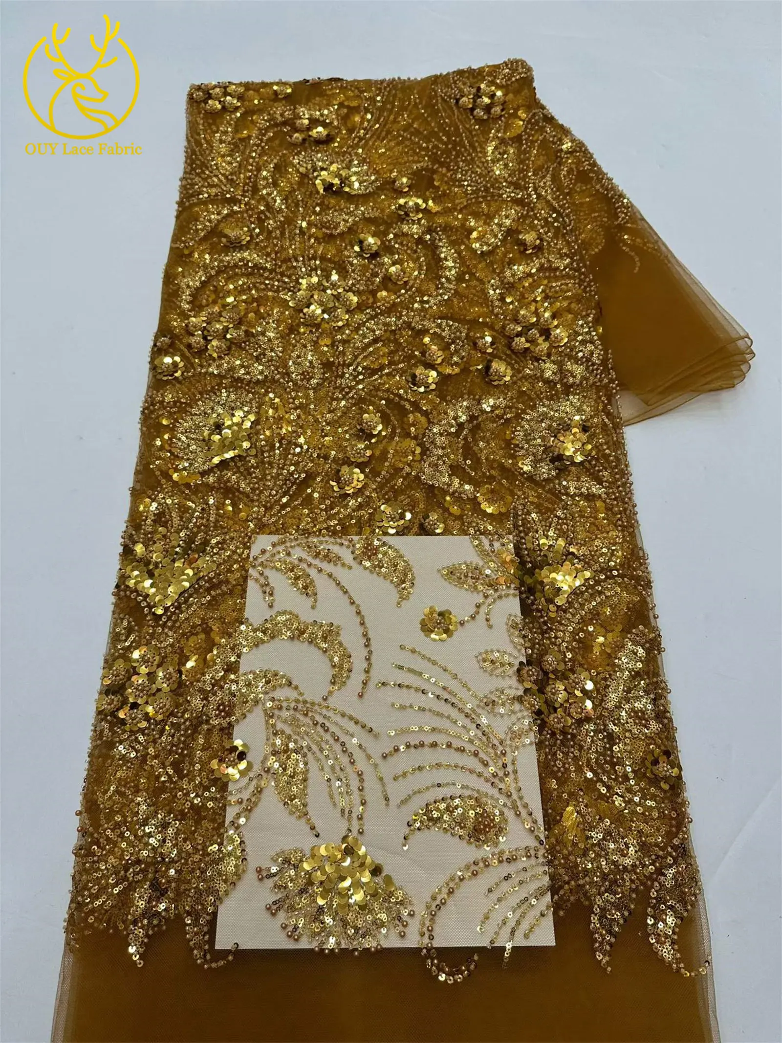 Eleganter 5-Yard-Paillettenstoff mit Kleinen Blumen, Afrikanischer Perlen-Pailletten-Spitzenstoff, Nigerianischer Luxuriöser Pailletten-Netzstoff für Kleider und Näharbeiten – Detail 13