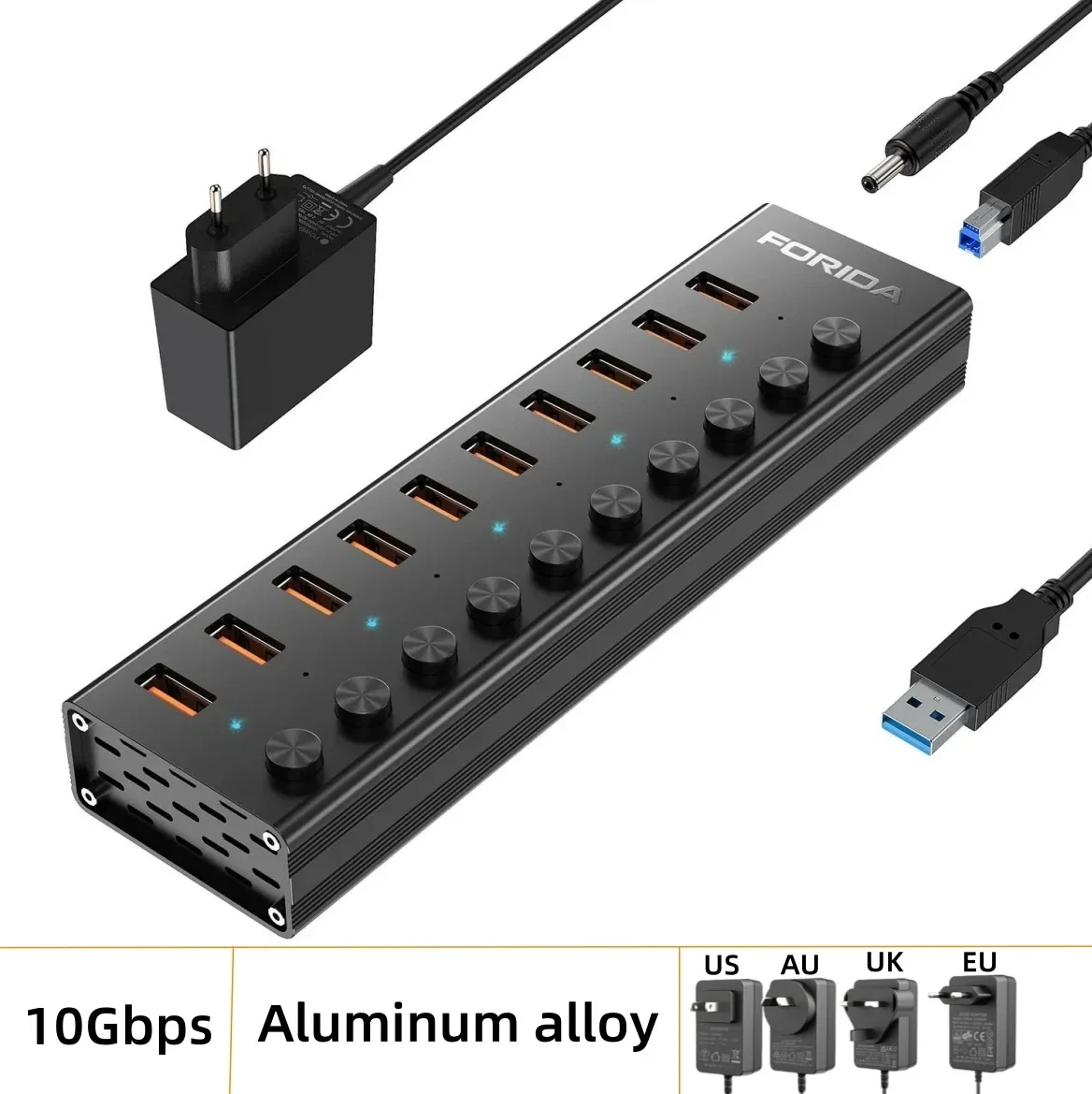

FORIDA 10 портов USB A 3.2 Удлинитель USB C Hub 10 Гбит/с Док-станции Переключатель включения/выключения Разветвитель питания для ноутбука Macbook Desktop