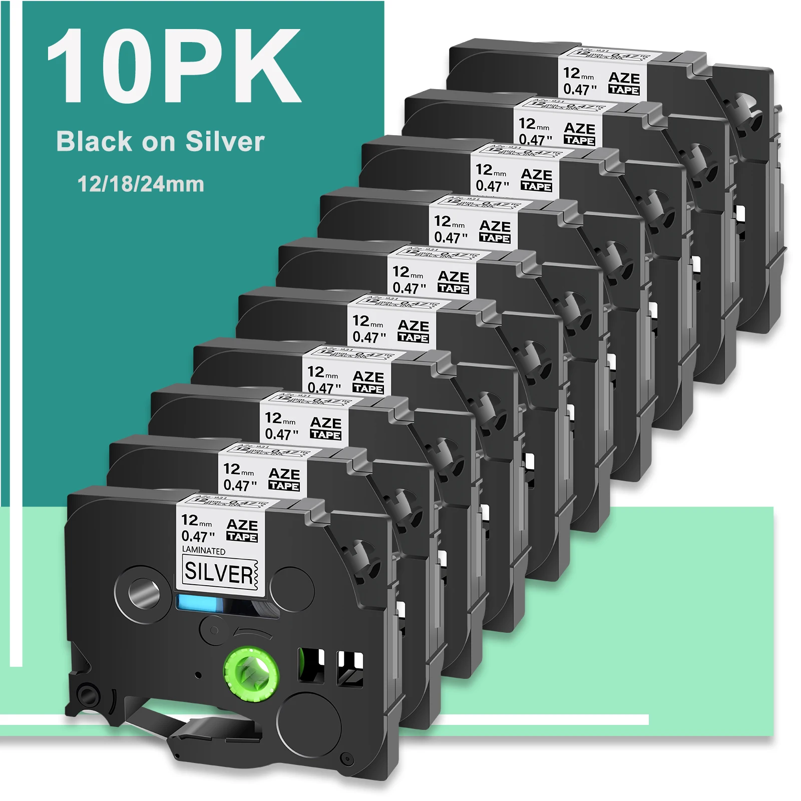 

10PK Black on Silver Label Tape Compatible for Brother Tz TZe 931 12/18/24mm Laminated Ribbon Label for P-Touch PT-1010 Printers