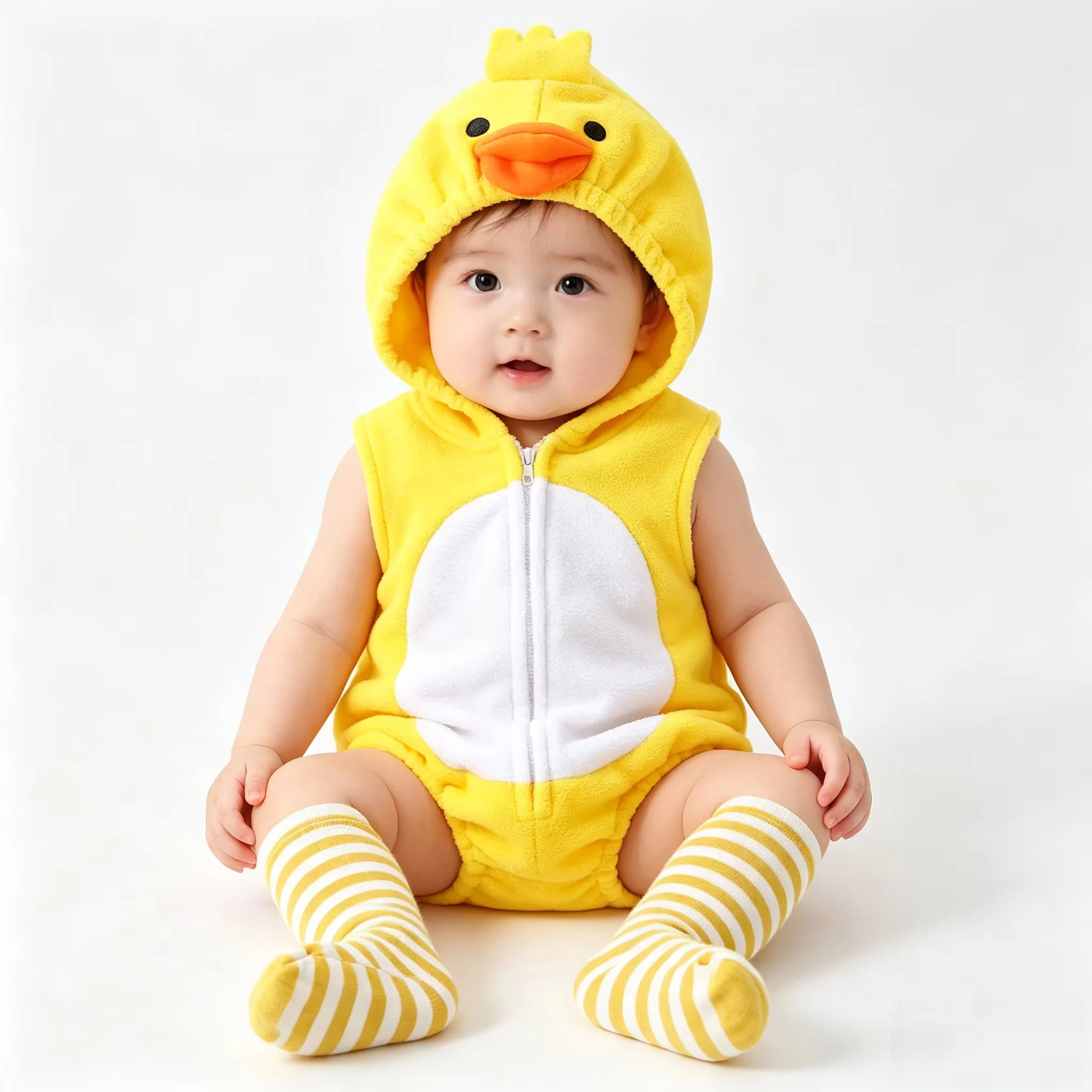Cute Yellow Duck Baby Romper Set with Socks, Soft Cotton Hooded Jumpsuit for 0-24 Months, Unisex Infant Outfit