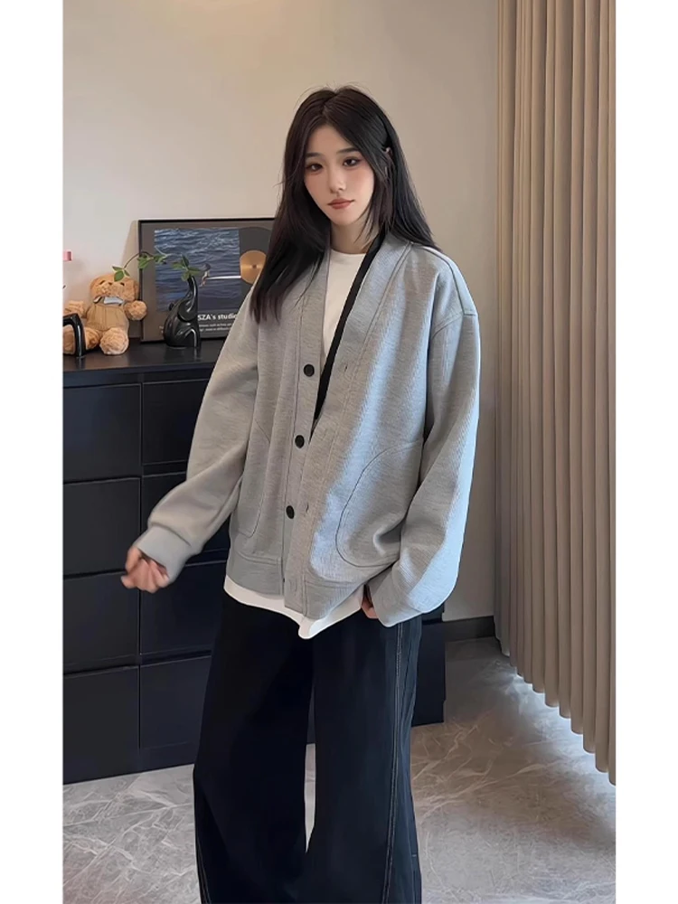 

Gray V-Neck Open Cardigan Jacket Men's Casual American Cleanfit Sweatshirt Couple's Jacket Standard Fit Long Sleeve Cotton Po...