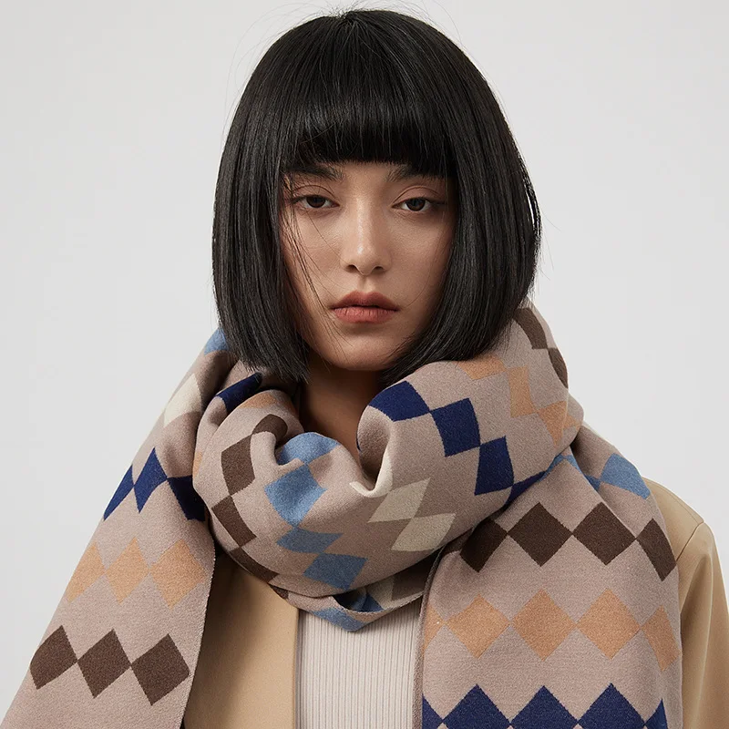 2023 Autumn and Winter New Colored Geometric Imitation Cashmere Women's Scarf for Foreign Trade Thickened Warm Commuter Shawl