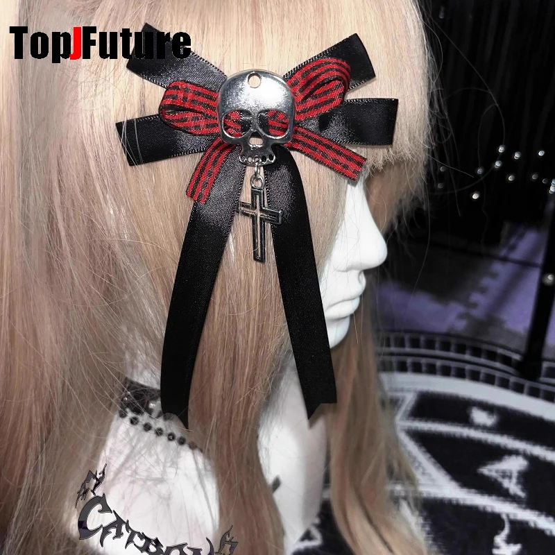 

Y2K Girl Harajuku Gothic Primitive Subculture Punk Leather Bow Skull Cross Decorative Accessories Ponytail Braid Hair Clip